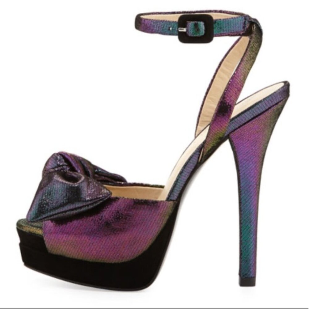 Pelle Moda Gisella Iridescent Suede Purple & Green Peep Toe Sandals 7.5